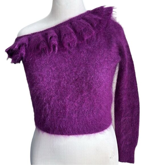 ZARA Purple One shoulder Long Sleeve Ruffled asymmetrical Knit Sweater Size S - Picture 1 of 9